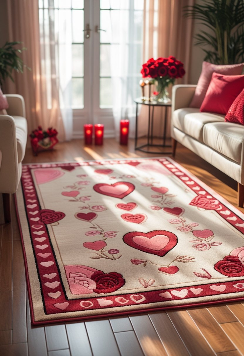 A living room with Valentine's Day themed rugs featuring heart and rose patterns on a wooden floor, with a bouquet of red roses and candles nearby.
