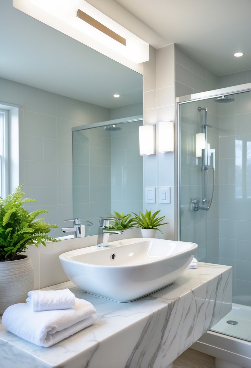 A clean and bright guest bathroom with a white sink, marble countertop, mirror, potted plant, and glass shower.