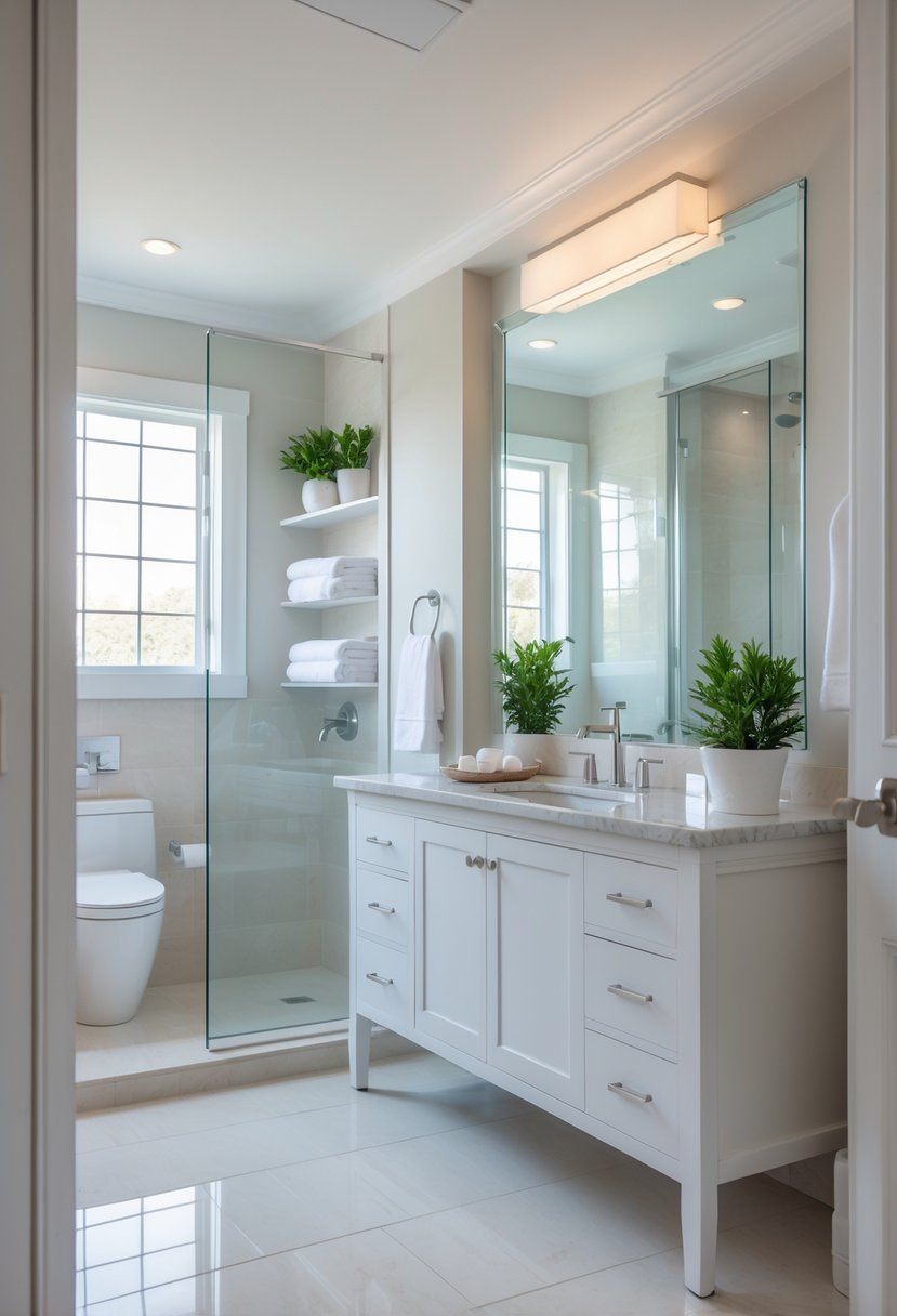 A clean and inviting guest bathroom with a white vanity, large mirror, glass shower, and neatly arranged towels and plants.