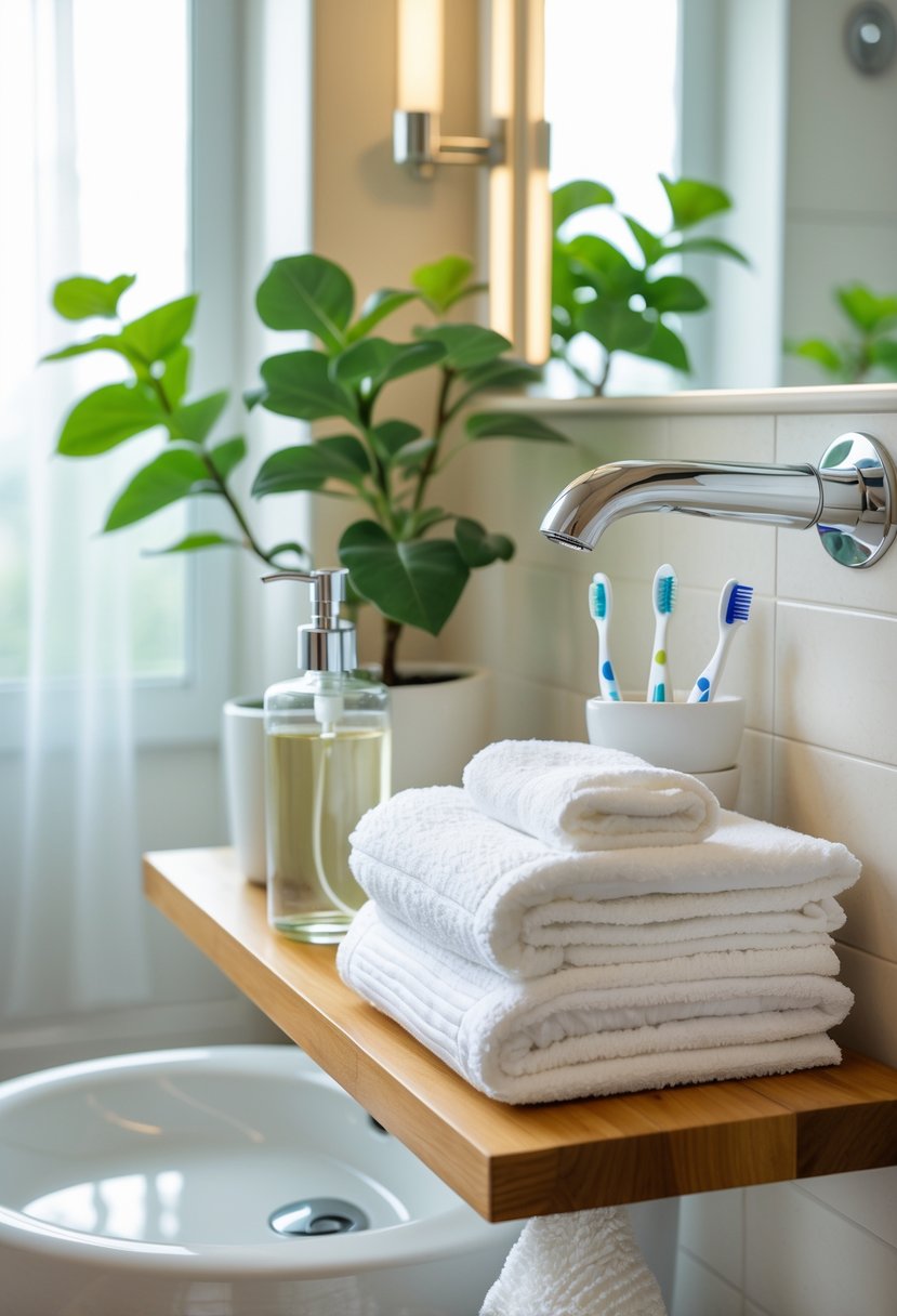 A guest bathroom with towels, a plant, soap dispenser, toothbrush holder, and bath mat arranged neatly on light-colored tiles.