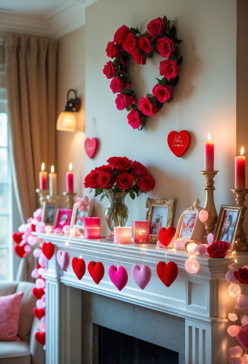 A mantel decorated with red and pink heart ornaments, rose garlands, candles, and a vase of red roses in a cozy living room.