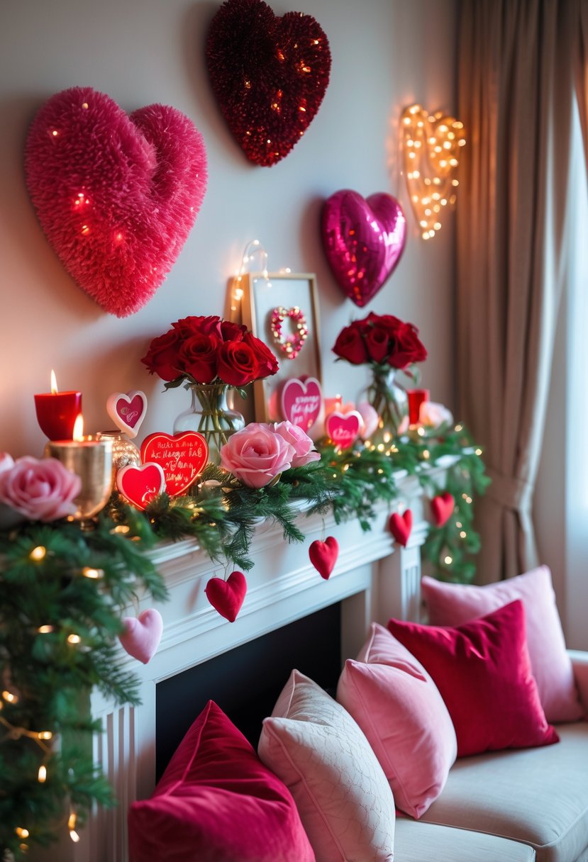 A living room mantel decorated with red and pink heart ornaments, roses in vases, fairy lights, and candles for Valentine's Day.