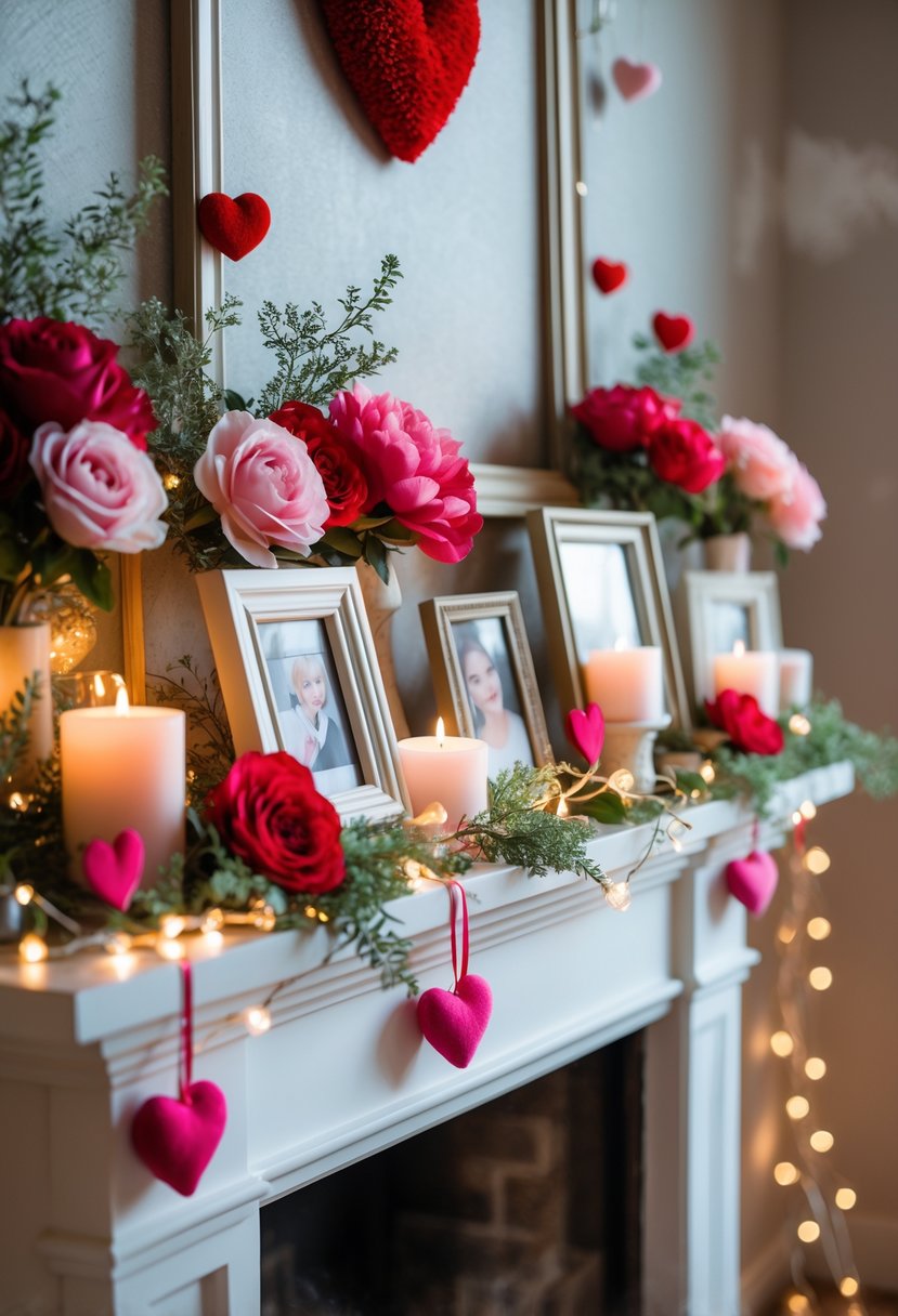 A Valentines Day mantel decorated with flowers, heart-shaped ornaments, candles, framed photos, and fairy lights.