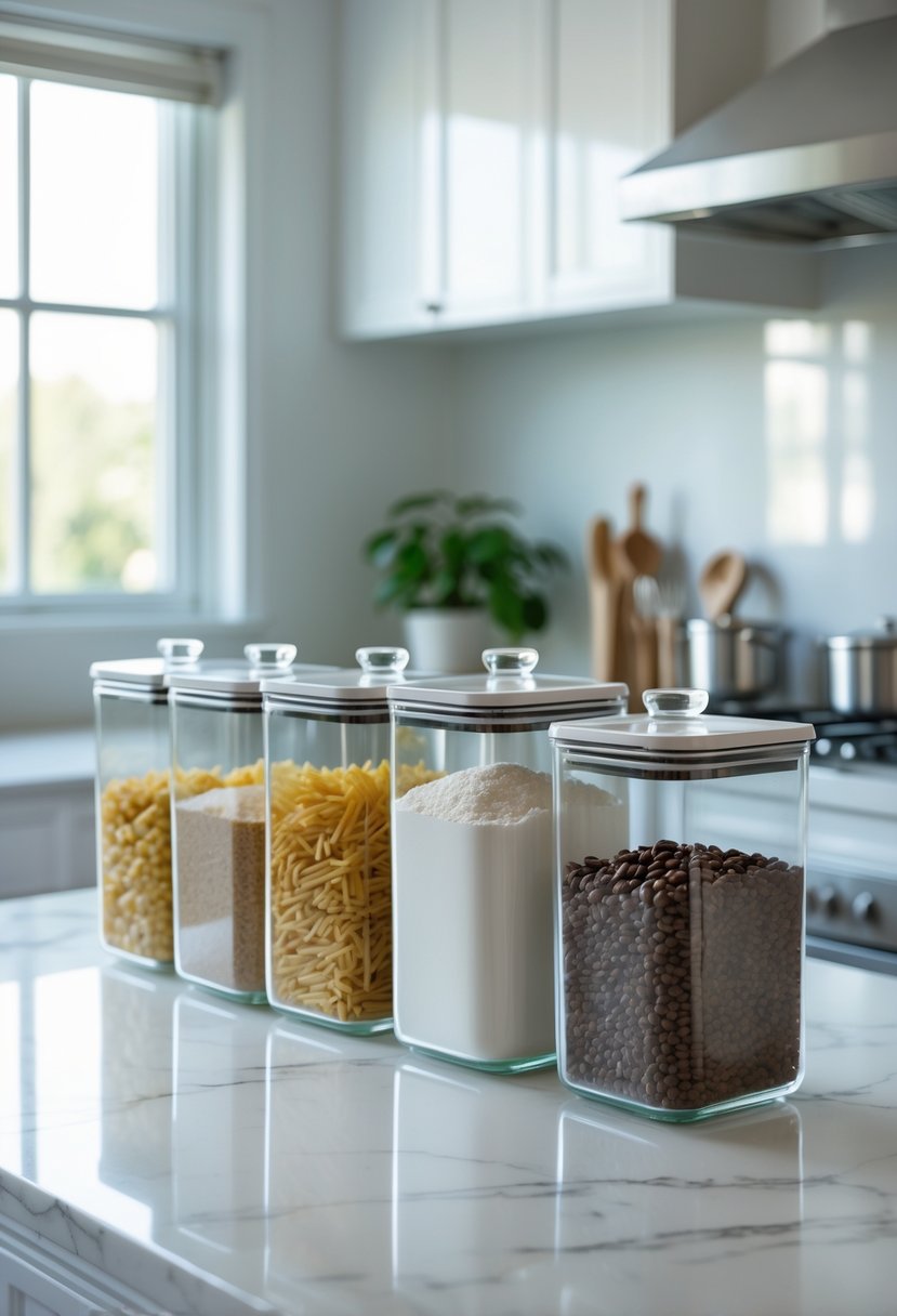 A kitchen countertop with five clear glass containers holding various dry food items, arranged neatly for organization.
