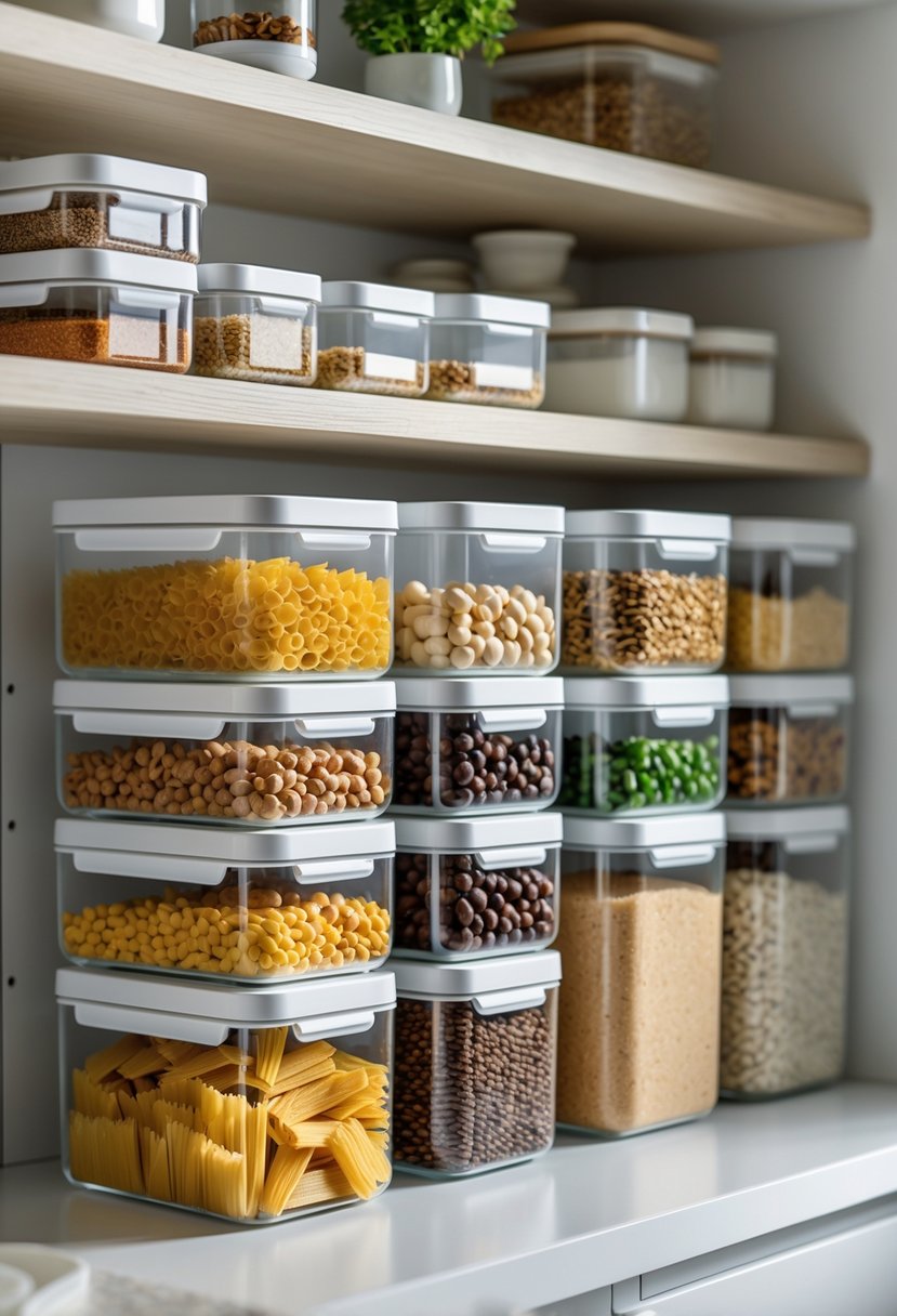 A kitchen pantry shelf neatly organized with clear airtight food storage containers filled with various dry foods.