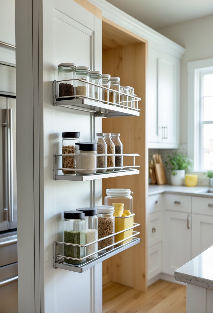 A kitchen cabinet door with adjustable shelves holding various kitchen containers, showcasing organized storage.