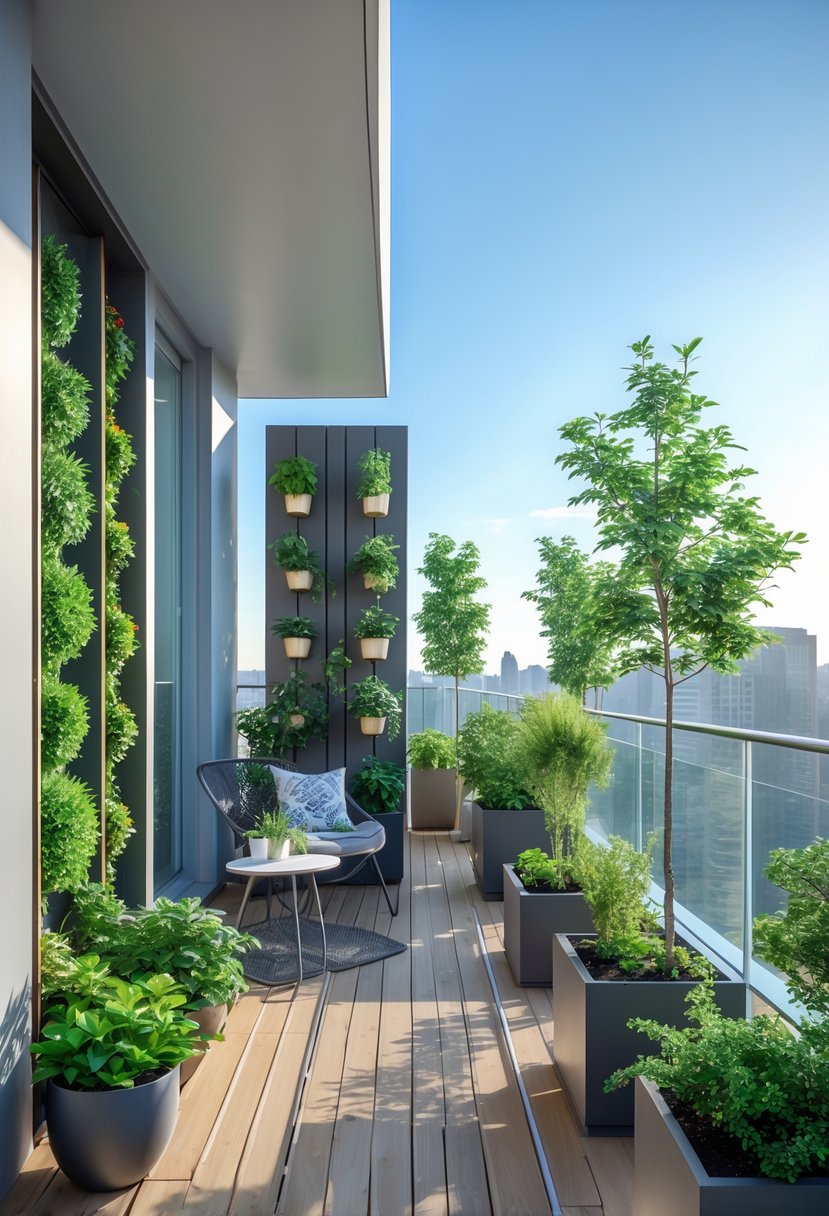 A modern balcony garden with green plants, wooden decking, glass railing, and outdoor seating overlooking a cityscape.
