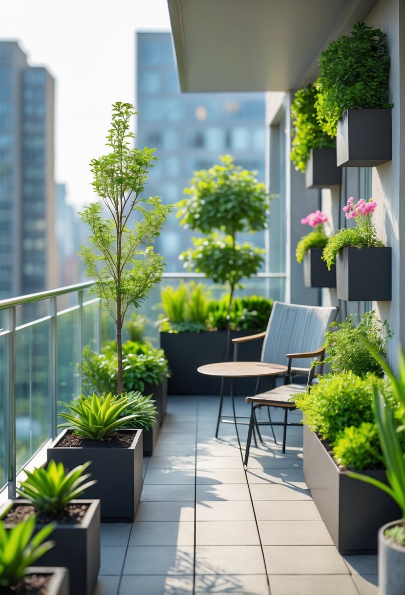 A balcony with various green plants in pots and vertical planters, a small table and chairs, and a blurred cityscape in the background.