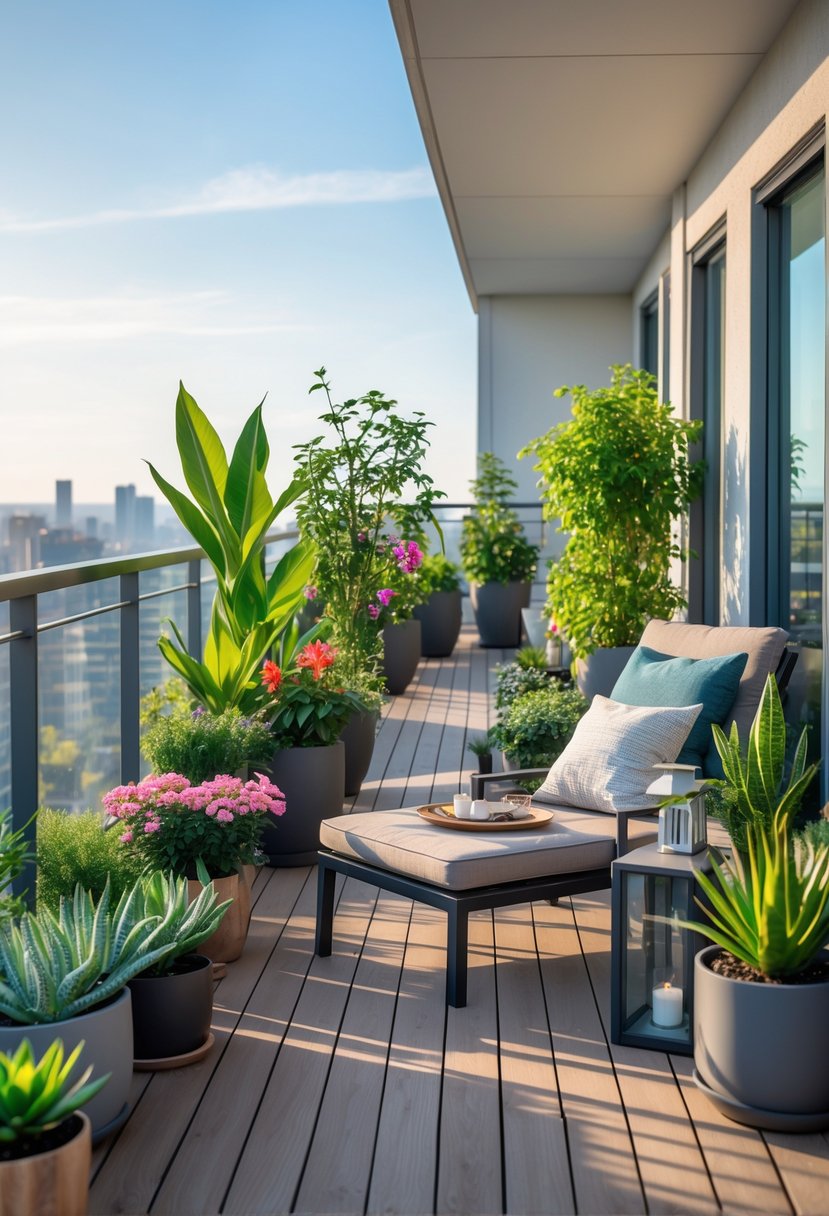 A balcony with various potted plants, outdoor furniture, and a view of the city skyline.