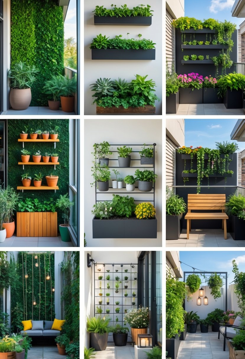 Six apartment balconies each decorated with different garden ideas featuring plants, flowers, seating, and decorative elements.