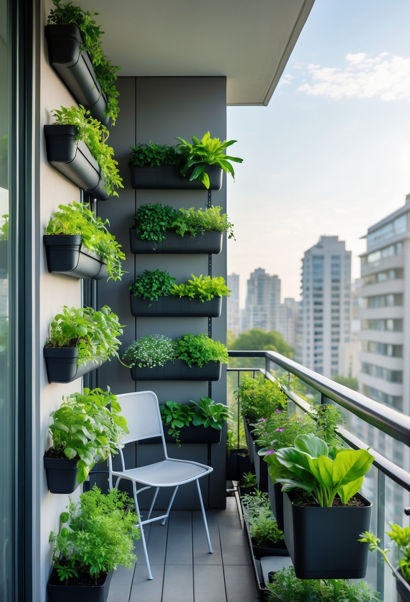 Apartment balcony with vertical planters filled with green plants, overlooking city buildings.
