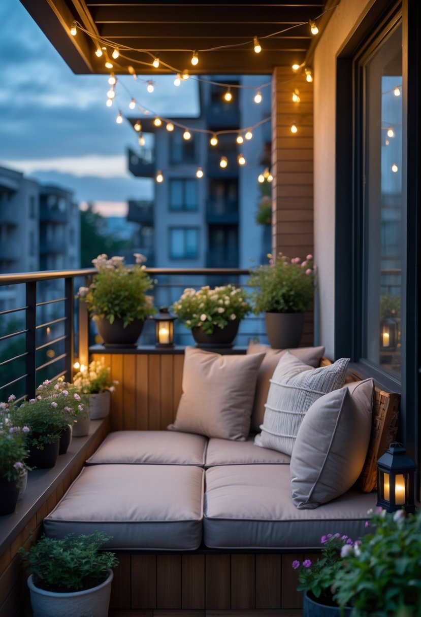 A cozy balcony seating area with cushions, fairy lights, and plants.