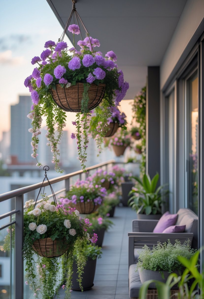 Apartment balcony with hanging baskets filled with trailing colorful flowers and green plants.