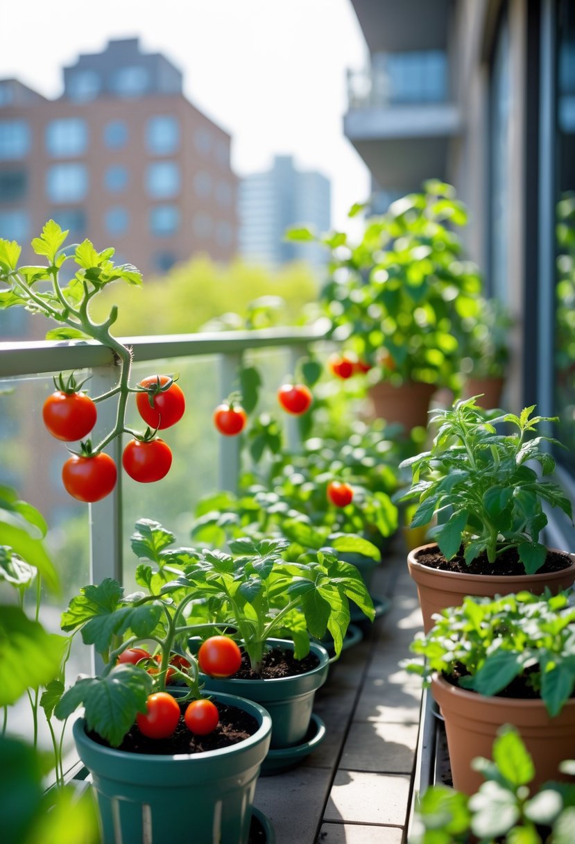 Apartment balcony with cherry tomato and pepper plants growing in pots, surrounded by green foliage and sunlight.