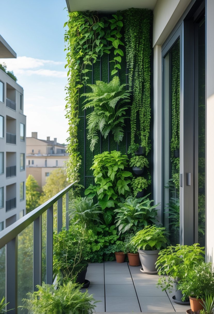 Apartment balcony with a dense vertical garden wall and various potted plants creating a green outdoor space.