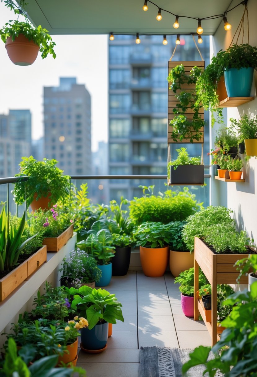 Apartment balcony with various plants in pots, hanging planters, a vertical garden, herb pots, vegetable planter box, fairy lights, and a small seating area.