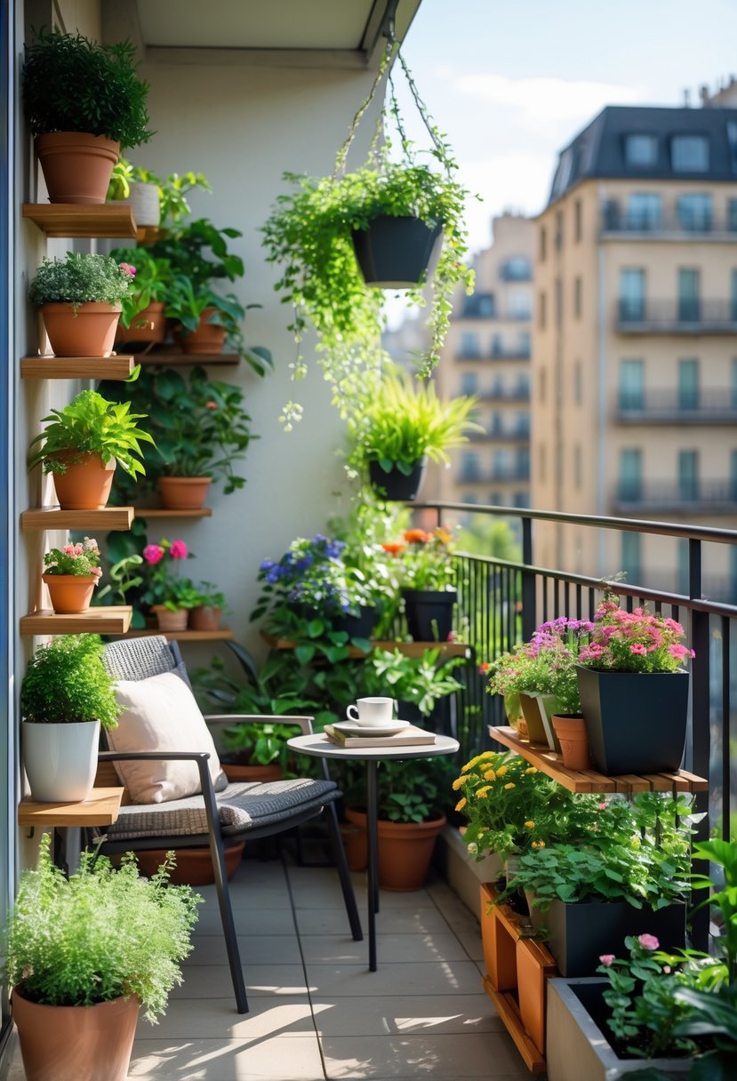 Small apartment balcony with various potted plants, a chair, and a small table, overlooking city buildings.
