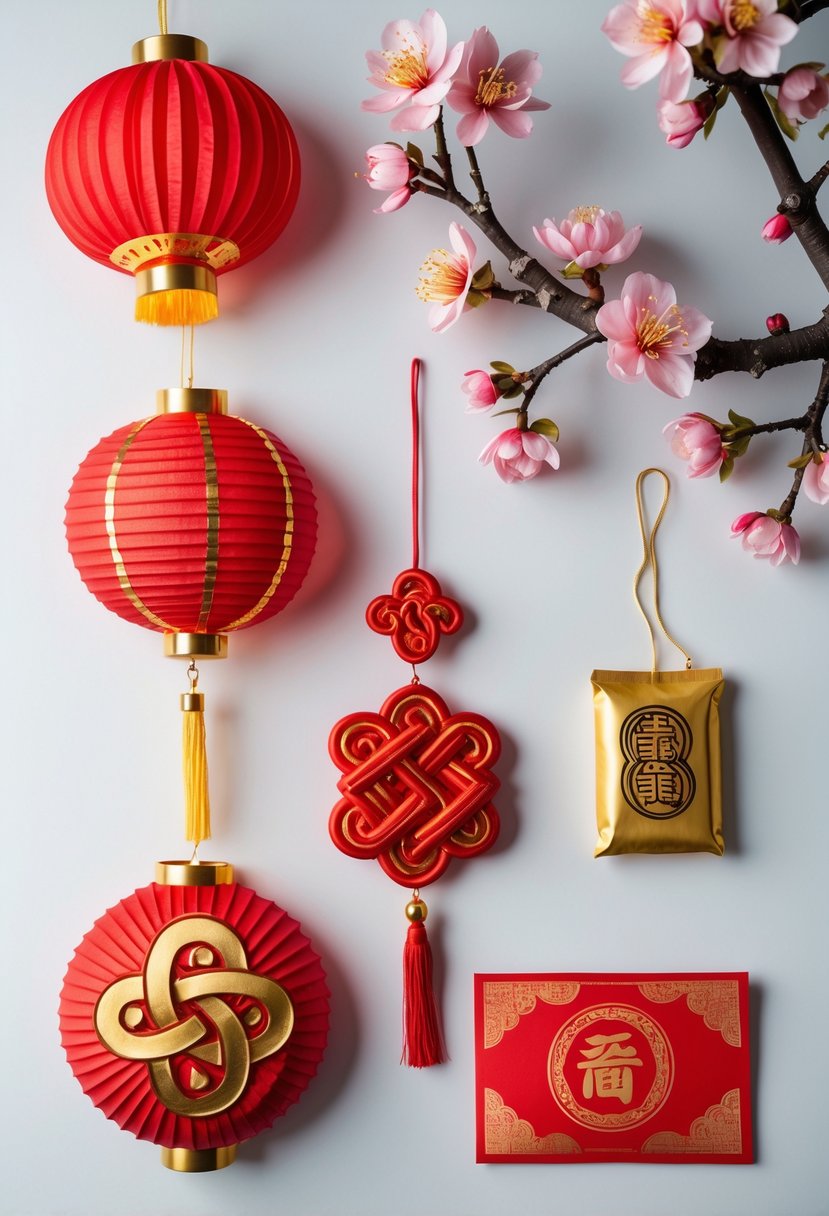 Five traditional Lunar New Year decorations including a red lantern, hanging knot, golden ingot, red envelope, and blossoming branch arranged together.
