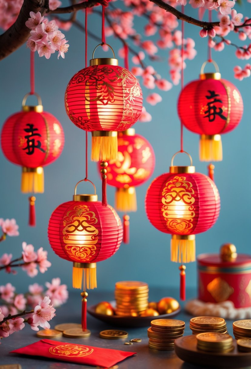Five red paper-cut lanterns hanging with other Lunar New Year decorations including red envelopes and cherry blossoms.