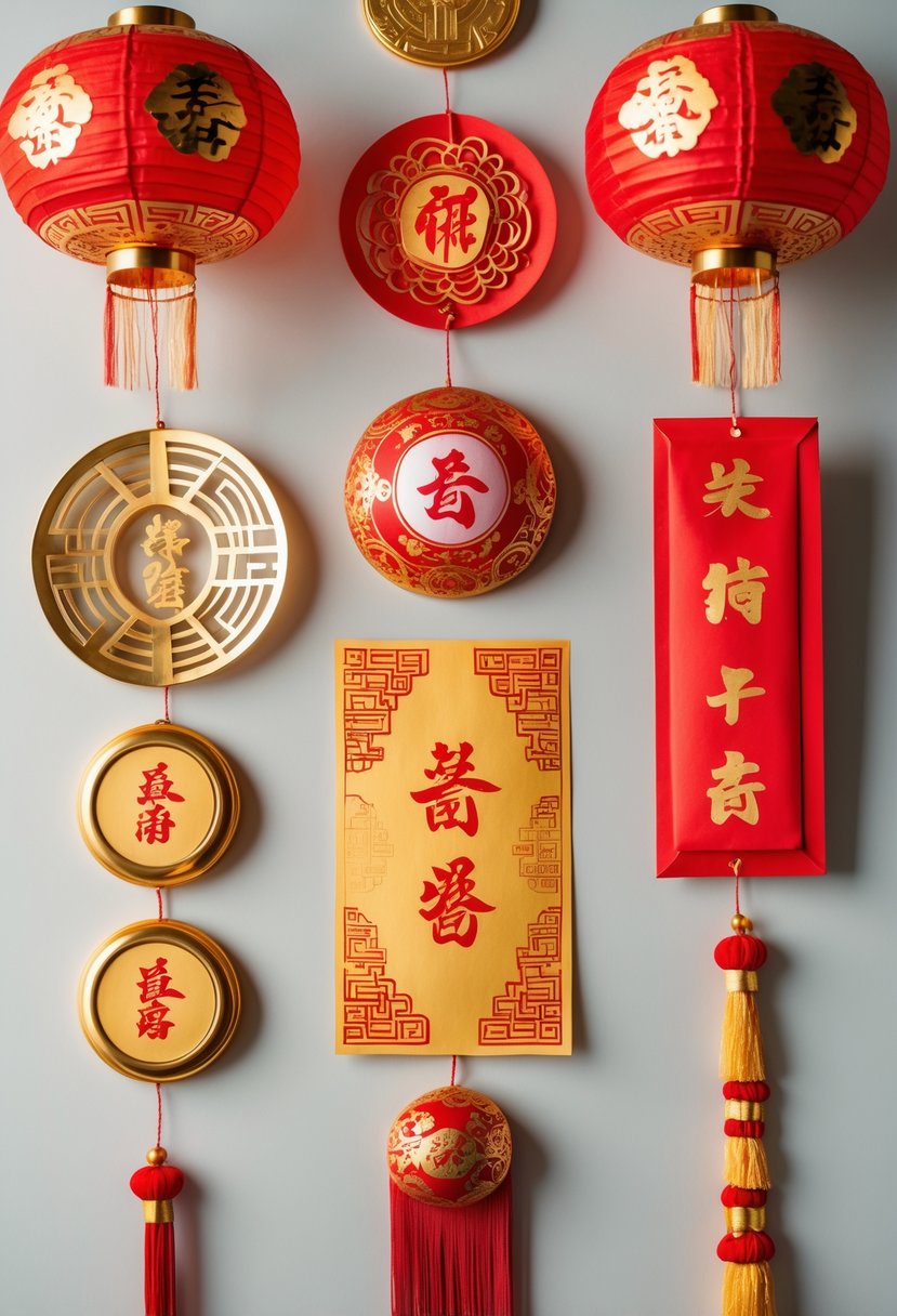 Five traditional Lunar New Year decorations in gold and red colors displayed on a neutral background.