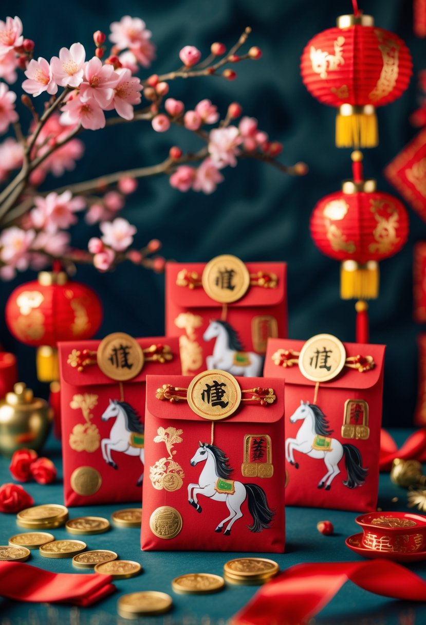 Five Lunar New Year decorations featuring horse-themed red envelopes surrounded by festive red and gold elements.