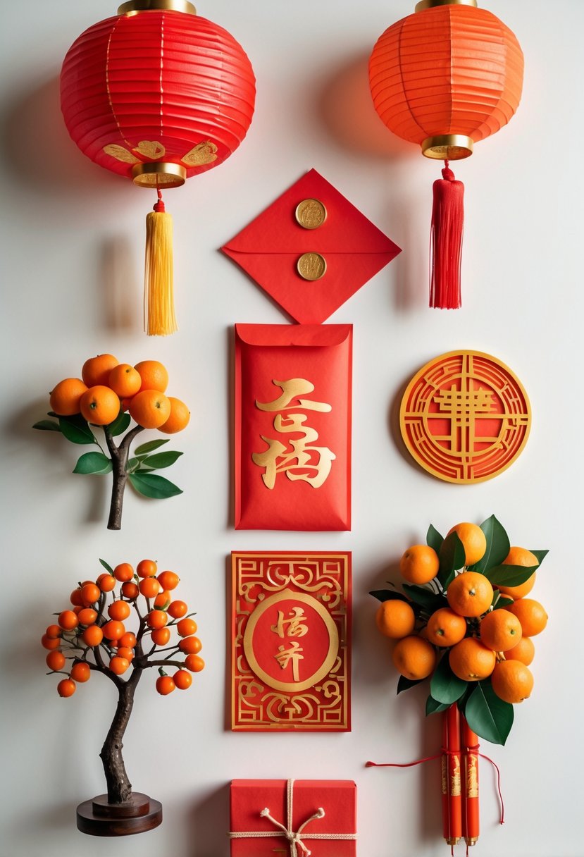 Five traditional Lunar New Year decorations including a red lantern, red envelope with gold coins, paper cuttings, a kumquat tree, and firecrackers arranged on a neutral background.