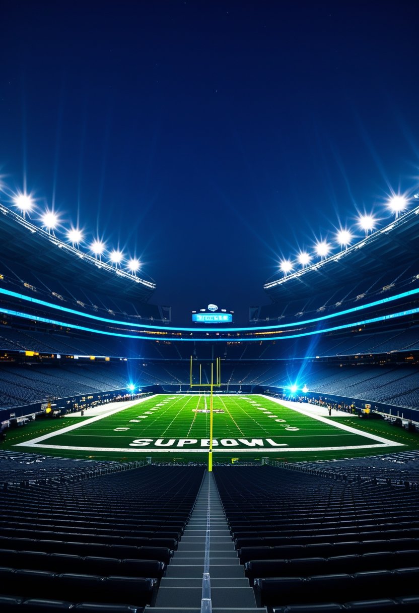 A large football stadium brightly illuminated by powerful floodlights at night with an empty field.