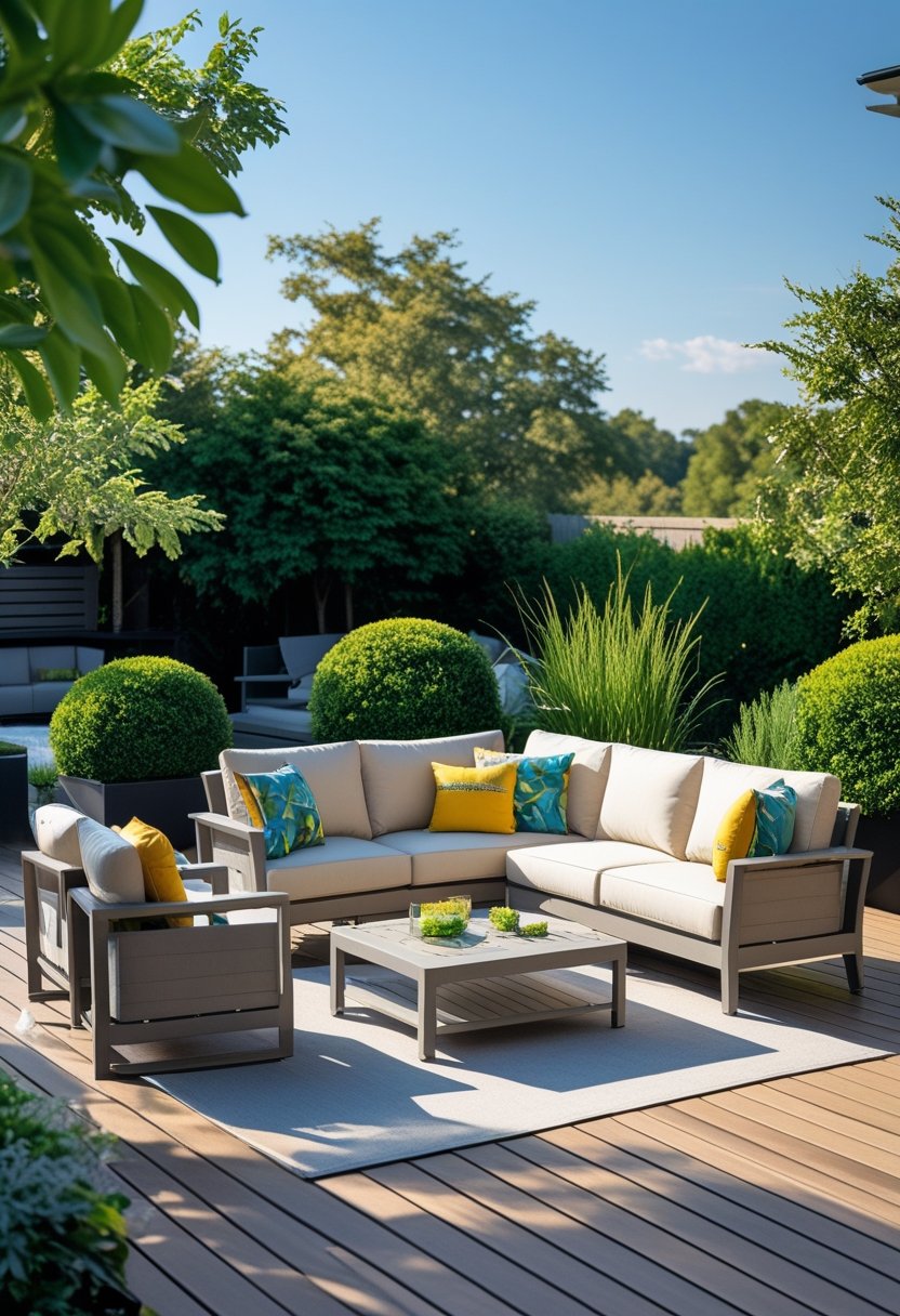 Outdoor furniture set on a wooden deck surrounded by green plants and trees under a clear blue sky.