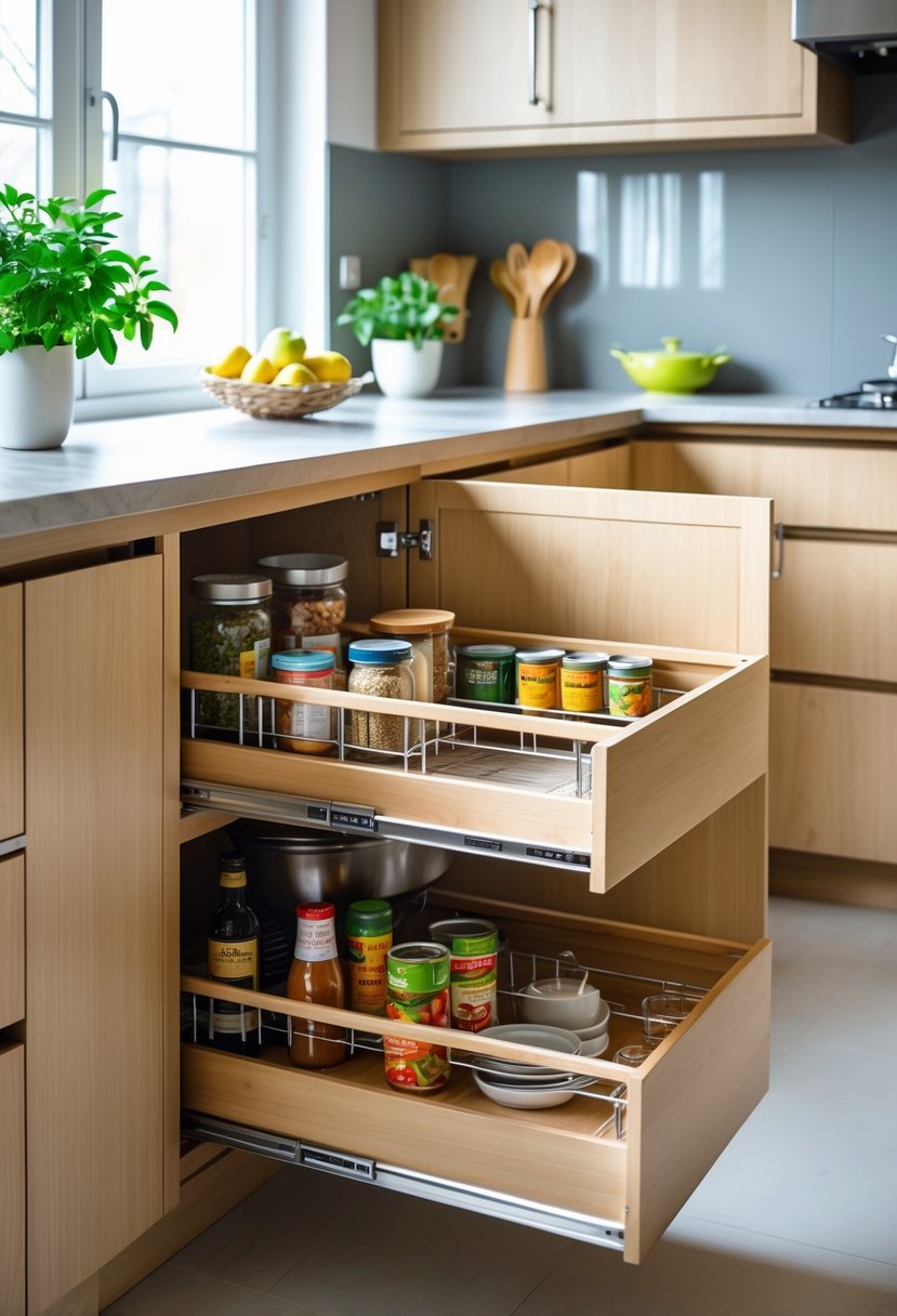 Open kitchen cabinet with pull-out trays and baskets holding organized kitchen items for easy access.