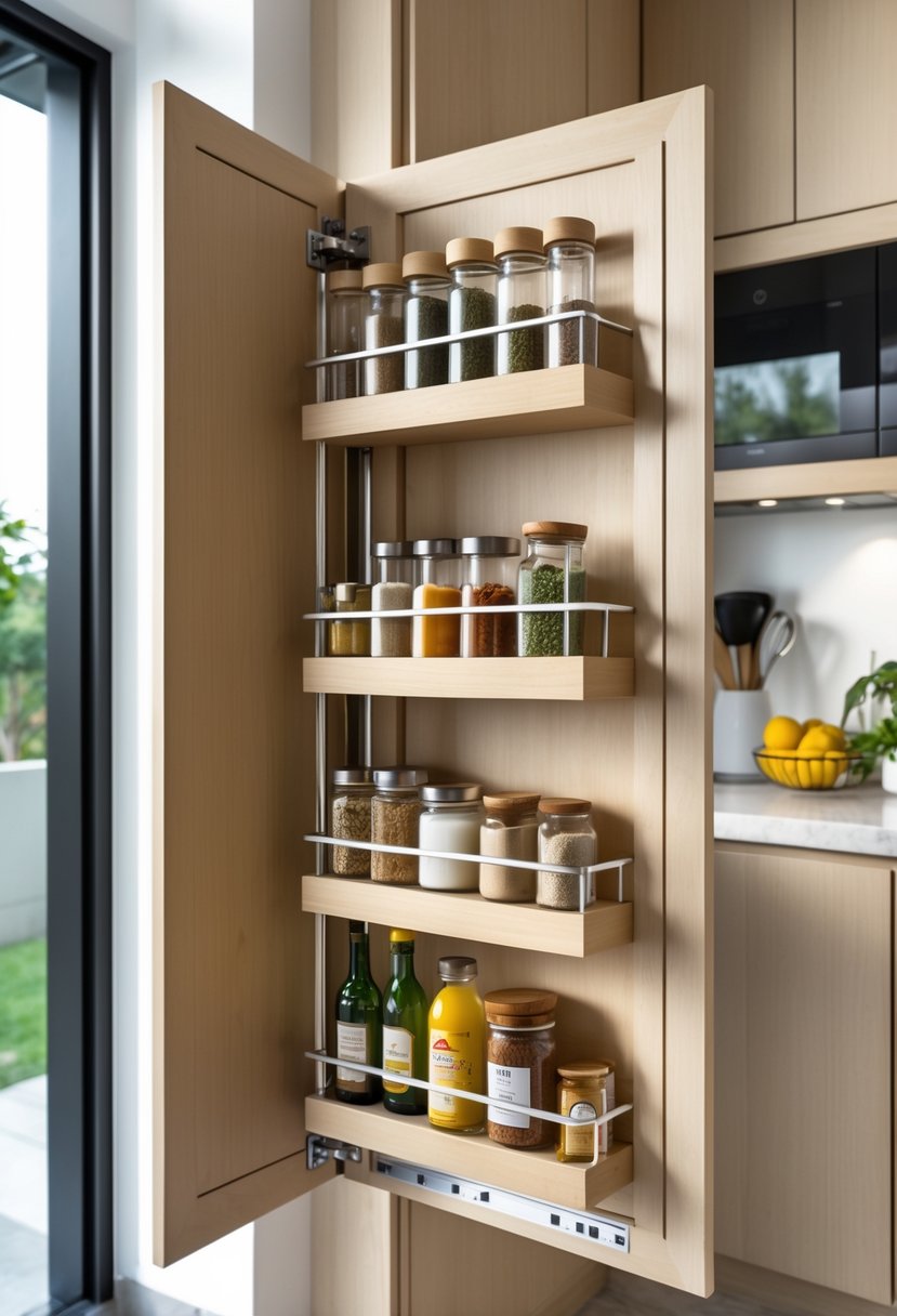 Open kitchen cabinet door with racks mounted inside holding spices and kitchen utensils.