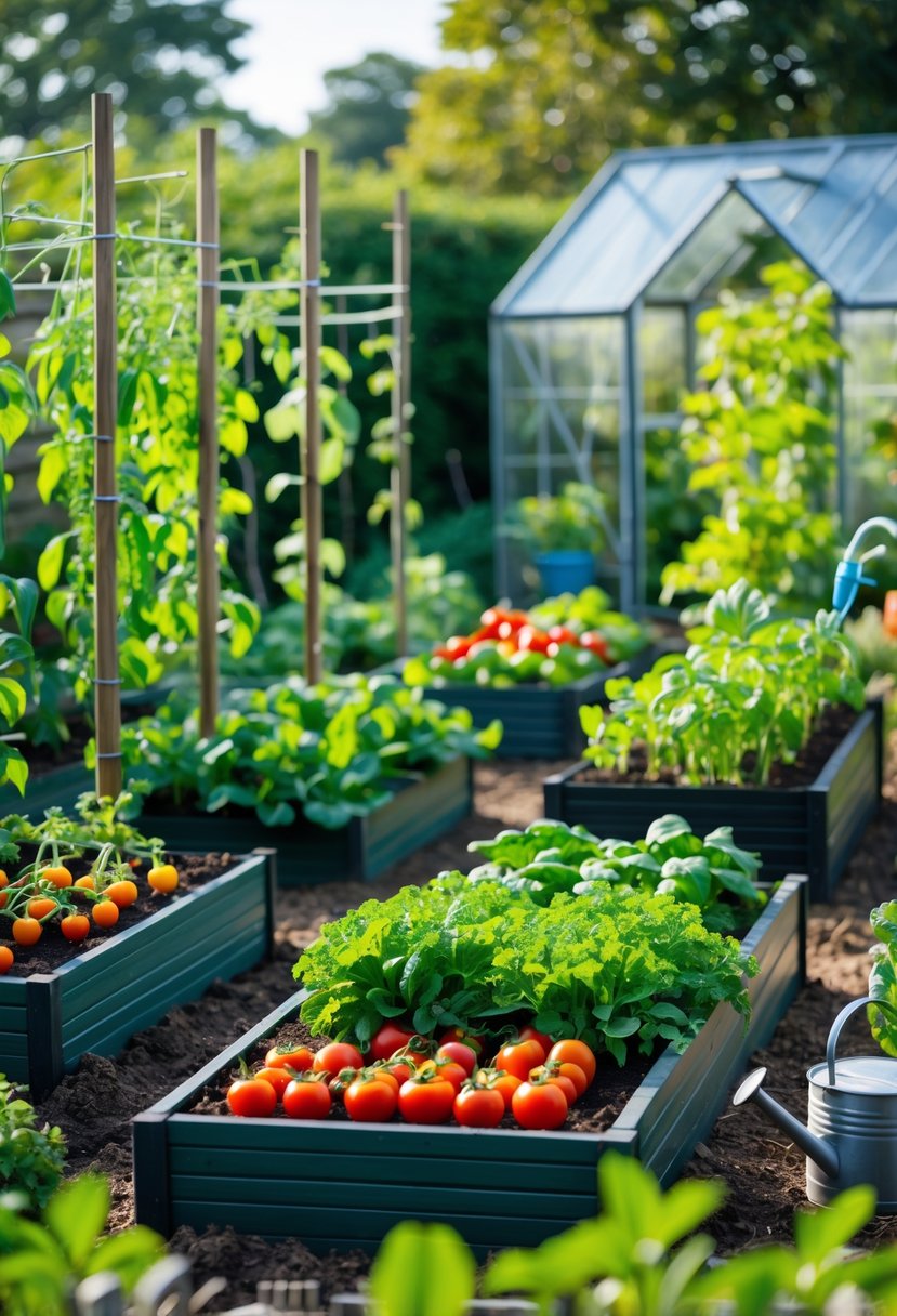 A vibrant outdoor garden with raised beds, trellises, and a small greenhouse growing various vegetables like tomatoes, lettuce, and beans.