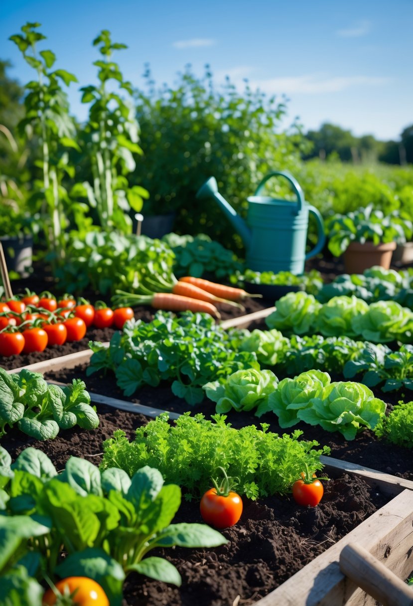 An outdoor in-ground vegetable garden with various healthy vegetables growing in rows under sunlight.
