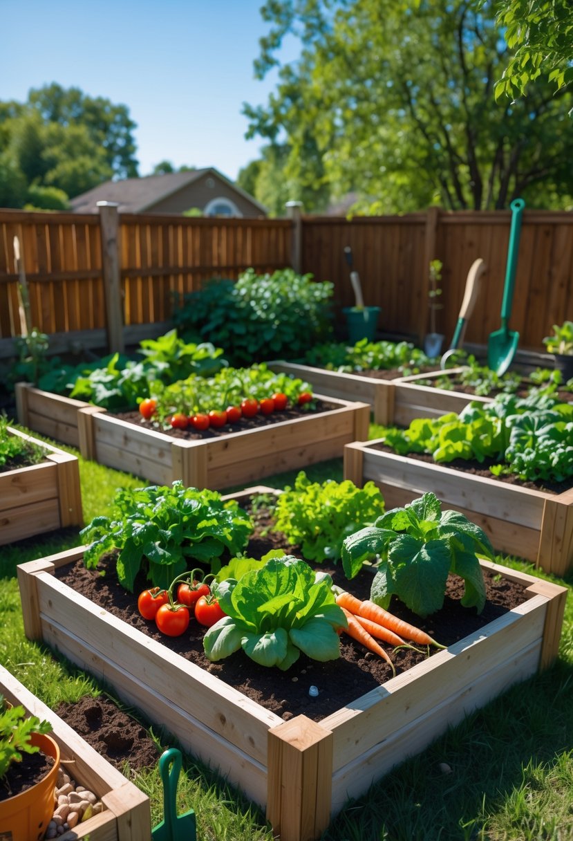 A backyard with several wooden raised beds filled with growing vegetables like tomatoes, lettuce, carrots, and peppers under a clear sky.