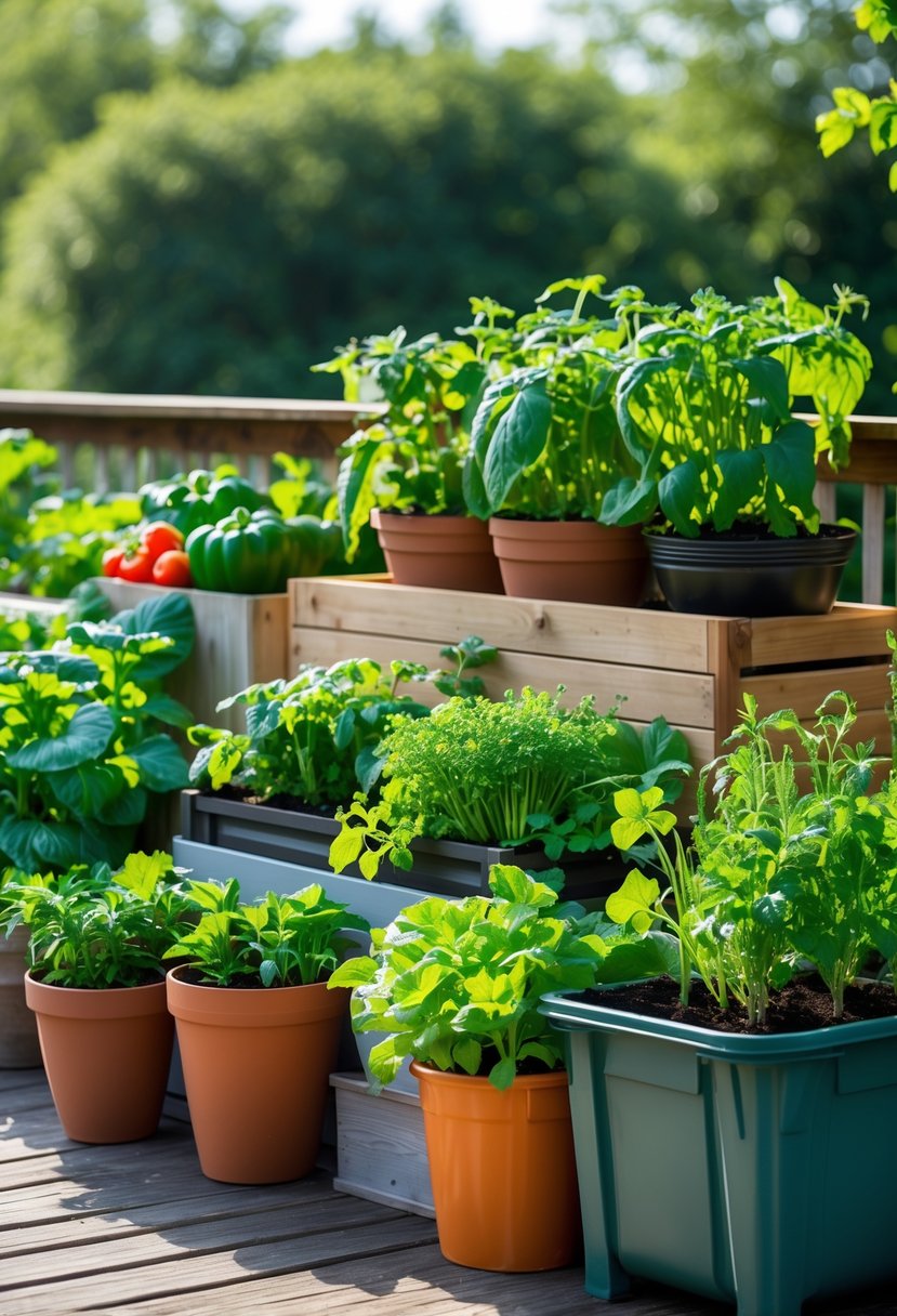 Various containers filled with healthy vegetable plants arranged on a sunny patio.