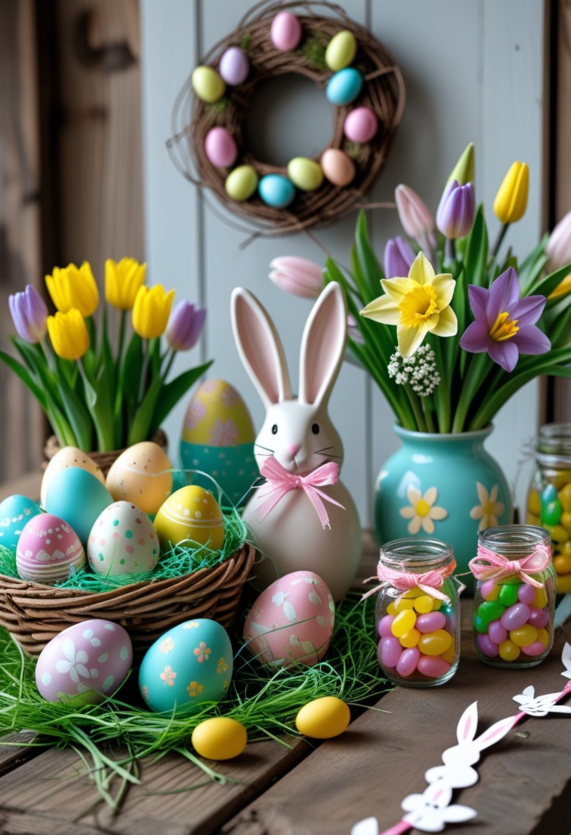 A table with six different Easter decorations including painted eggs in a basket, a bunny-shaped vase with flowers, jars of jelly beans, a twig wreath with eggs and ribbons, and paper bunny garlands.