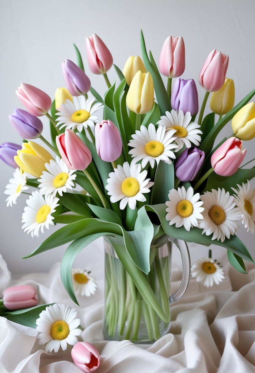 A pastel flower arrangement with tulips and daisies on a light background.