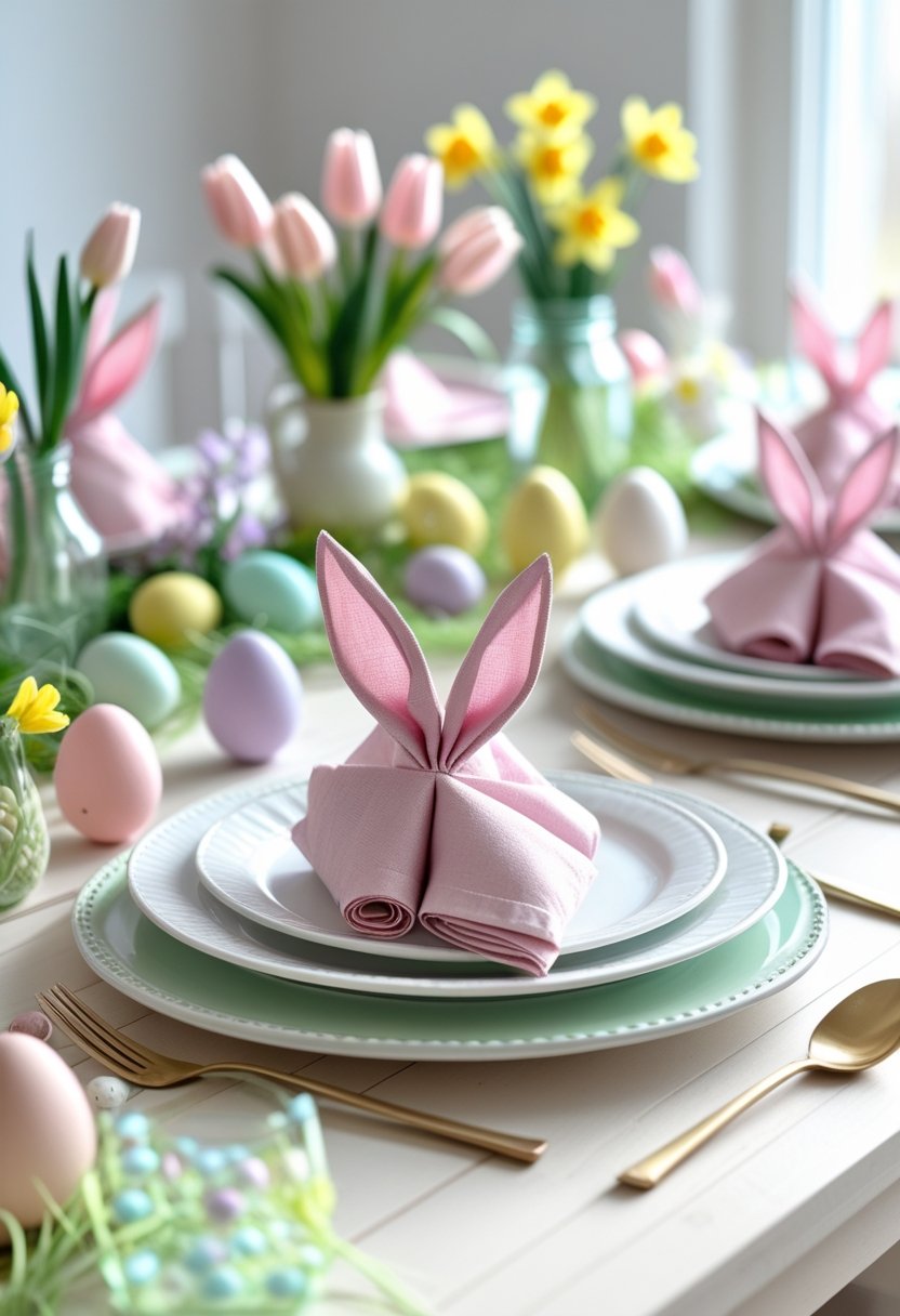 Easter table with bunny-shaped napkins on plates, decorated with colorful eggs, spring flowers, and greenery.