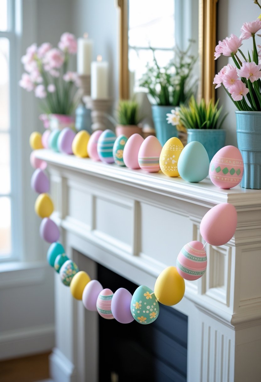 A mantel decorated with a colorful Easter egg garland and spring flowers.