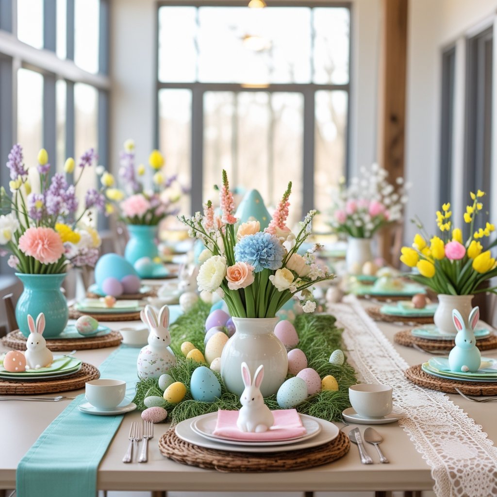 Seven different Easter table settings arranged side by side, each decorated with flowers, Easter eggs, and festive ornaments on a bright, sunlit table.