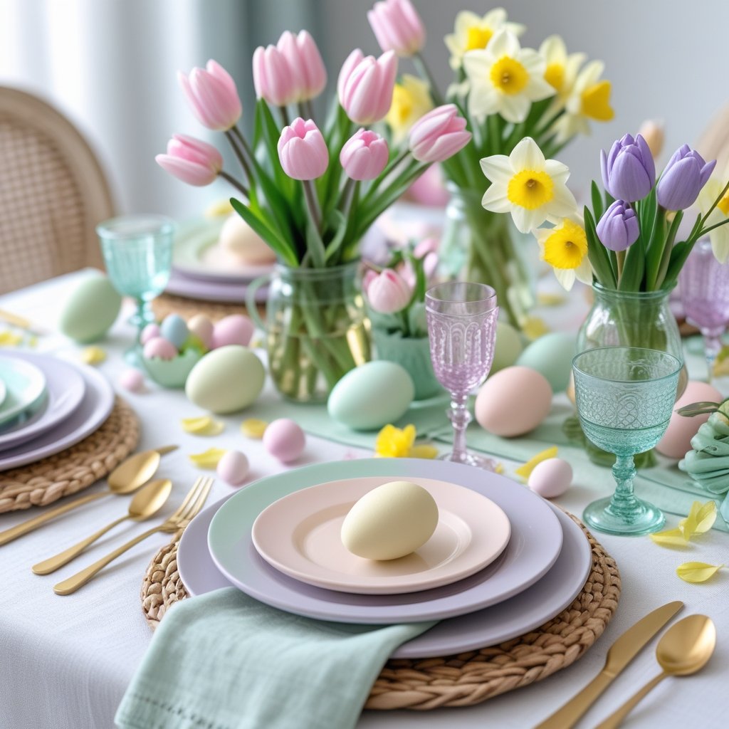A spring-themed Easter table set with pastel plates, fresh flowers, Easter eggs, and candles.