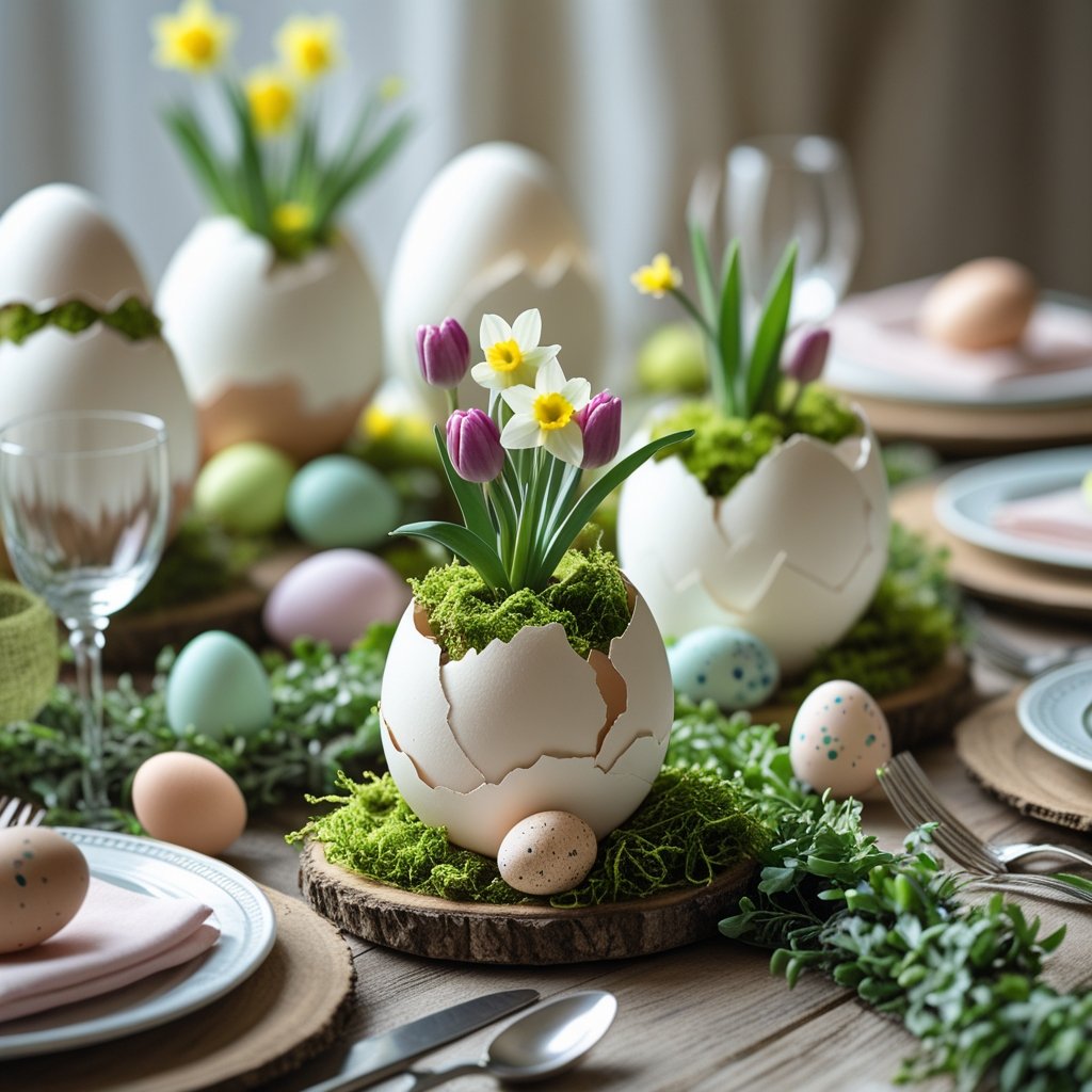 A table set for Easter with eggshell planters filled with small flowers and greenery arranged as centerpieces.