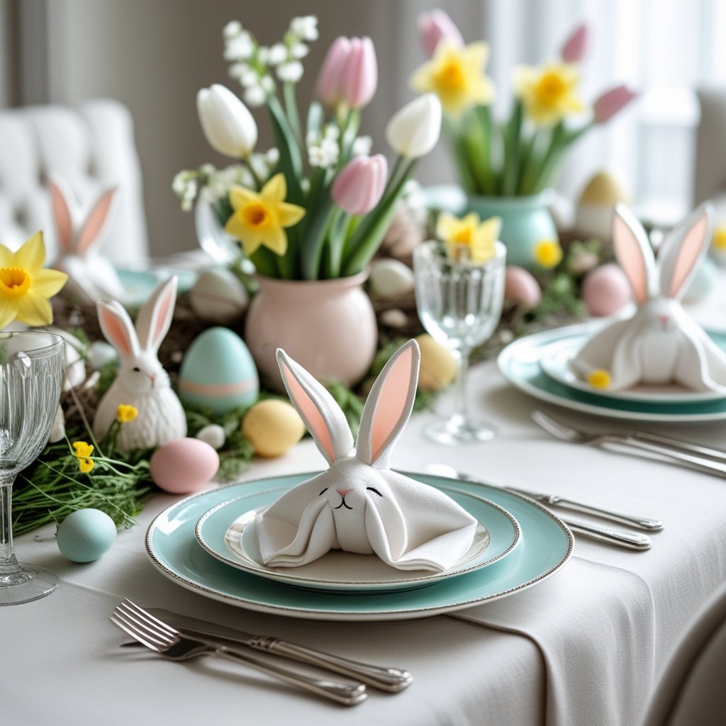 A dining table set for Easter with bunny-shaped napkin folds at each place setting, surrounded by pastel plates, flowers, and Easter decorations.
