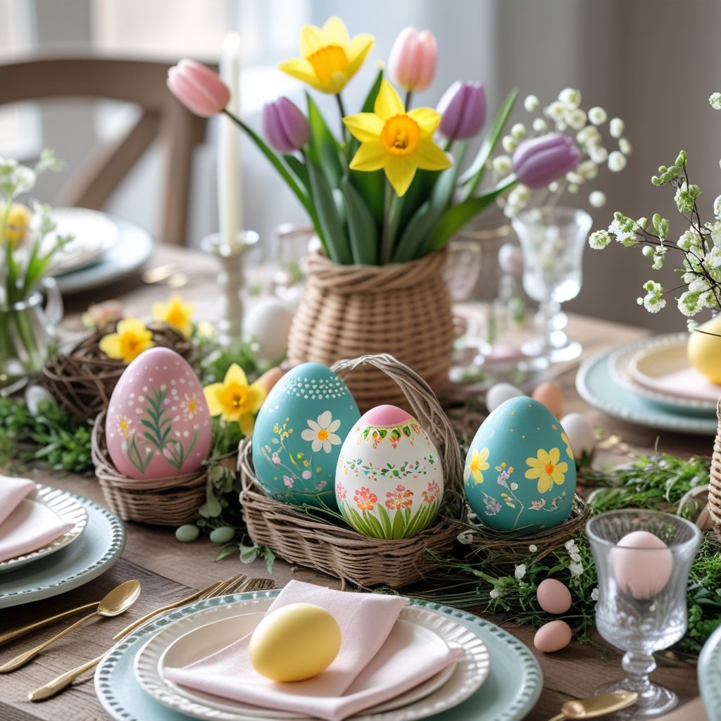 A table set for Easter with seven colorful hand-painted eggs as the centerpiece, surrounded by spring flowers and elegant tableware.
