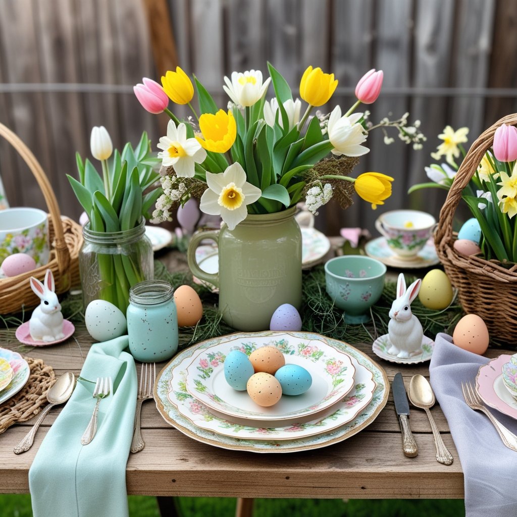 A wooden table set outdoors with vintage china, fresh spring flowers, and Easter decorations including painted eggs and small bunny figurines.