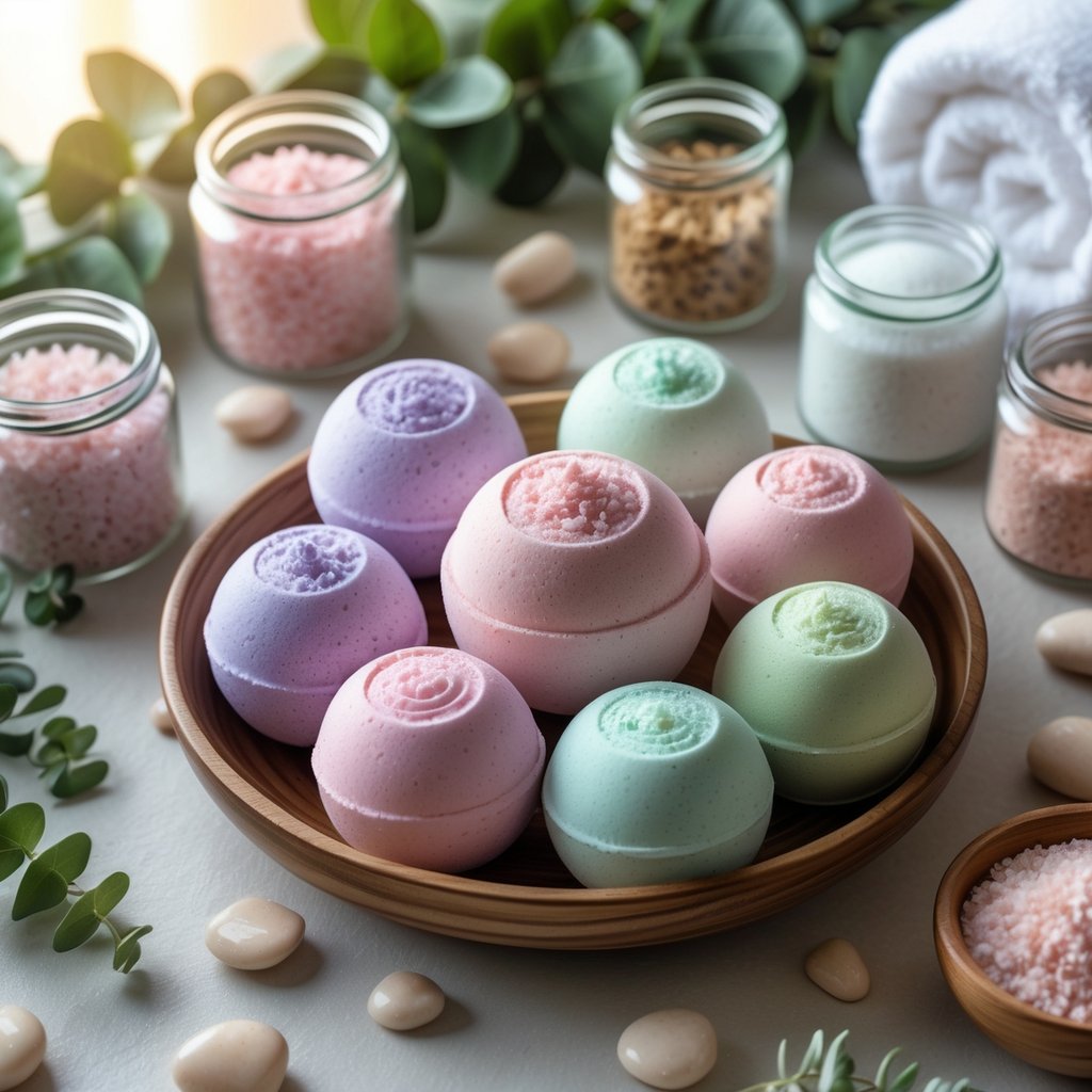 A set of colorful bath bombs and jars of bath salts arranged with spa elements like eucalyptus leaves, stones, and a towel on a light surface.
