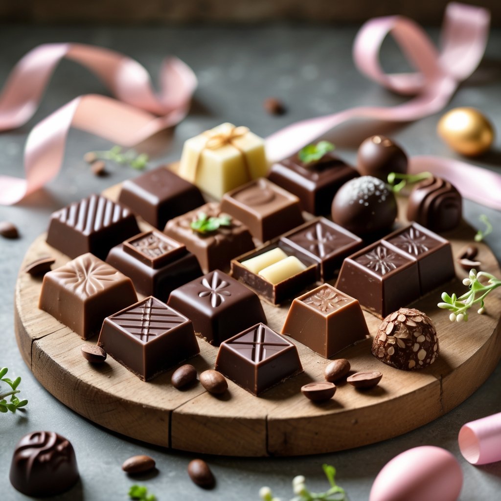 An assortment of artisan dark chocolates arranged on a wooden board with decorative ribbons and greenery.