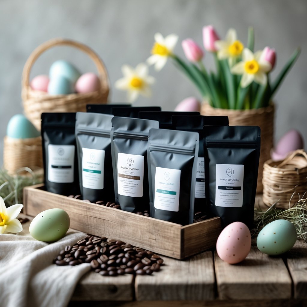 A gourmet coffee sampler pack with eight different coffee varieties displayed on a wooden table surrounded by pastel Easter eggs and spring flowers.