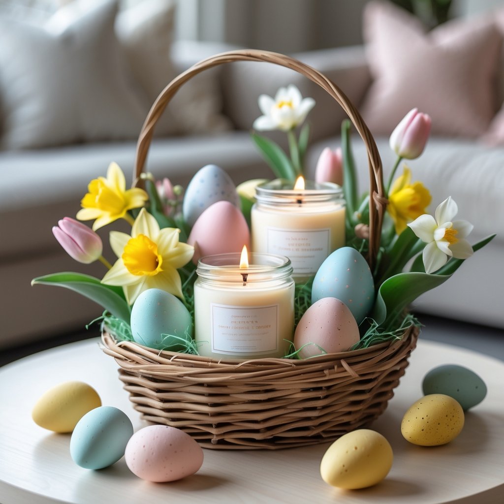An Easter basket filled with premium scented soy candles, pastel eggs, chocolates, and spring flowers on a wooden table.