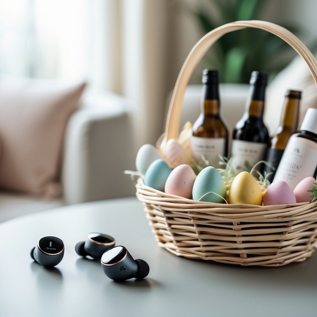 Wireless earbuds displayed next to an Easter basket filled with adult-themed gifts on a table.