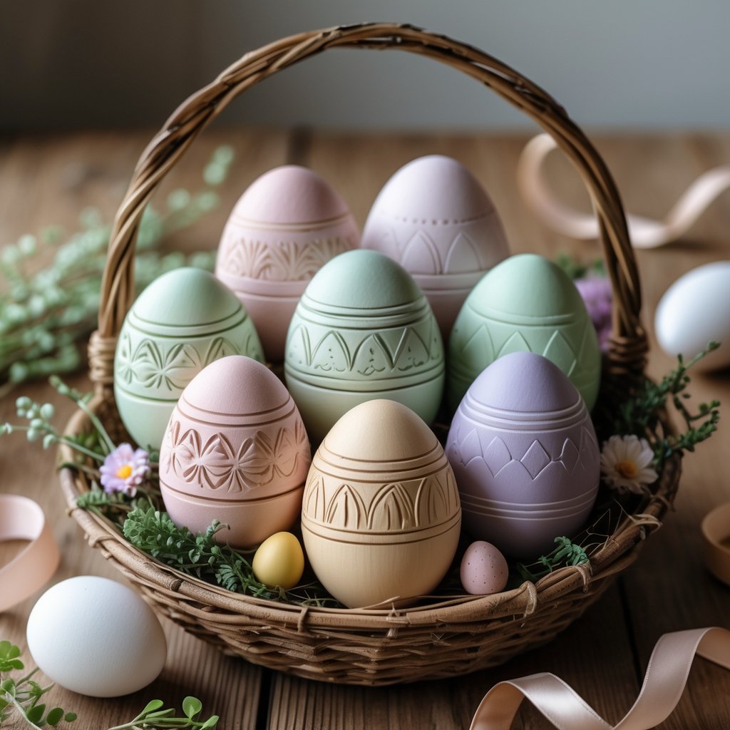 A woven basket filled with eight handcrafted wooden Easter eggs decorated with pastel colors and intricate patterns, placed on a wooden surface with greenery and dried flowers around it.